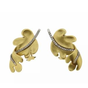 1980s Tiffany & Co 18k Gold Platinum Diamond Leaf Earrings